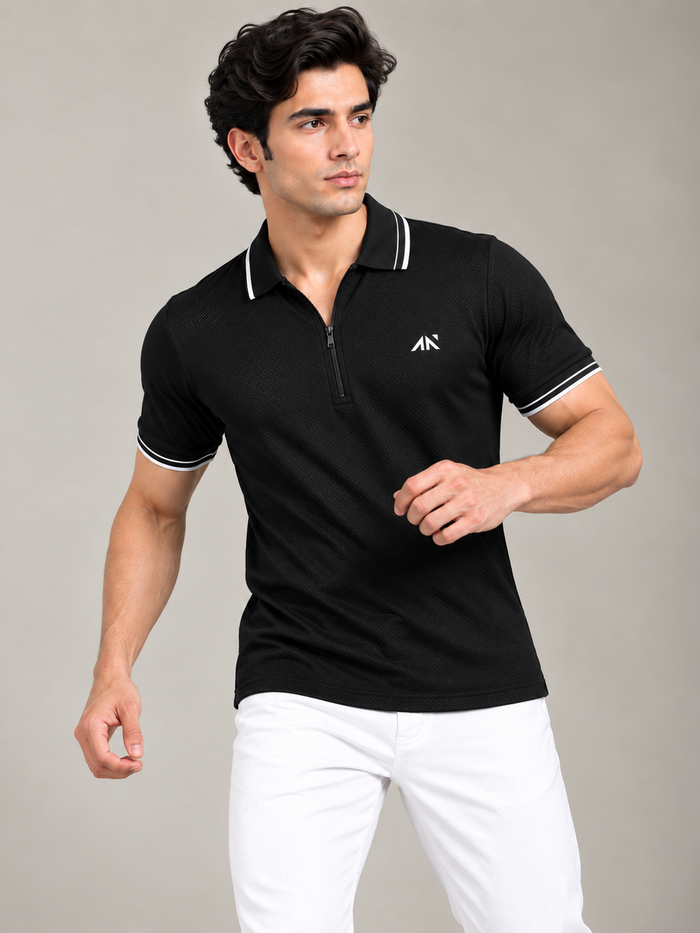 Quickdry Zipup Polo Tshirt Black