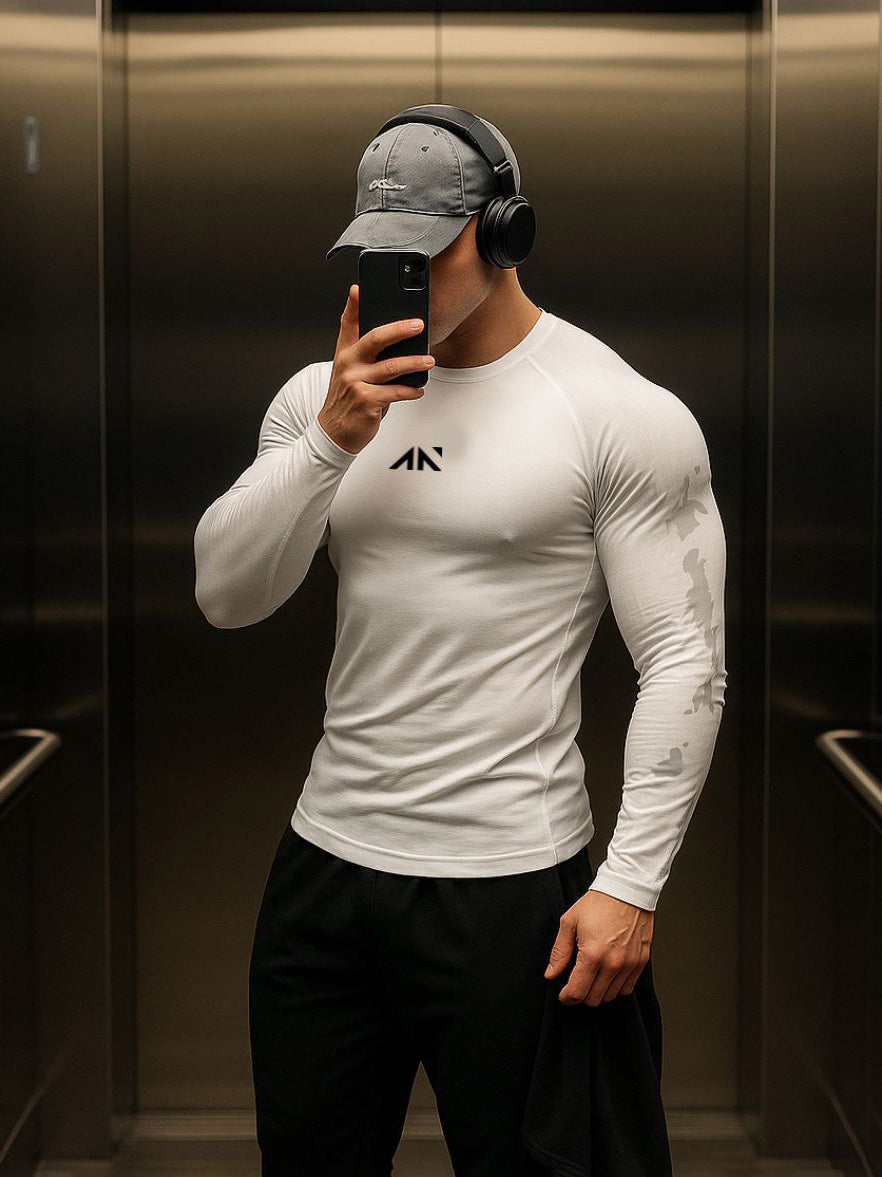 Men’s White Compression Full Sleeve T-Shirt – Performance Gym Wear